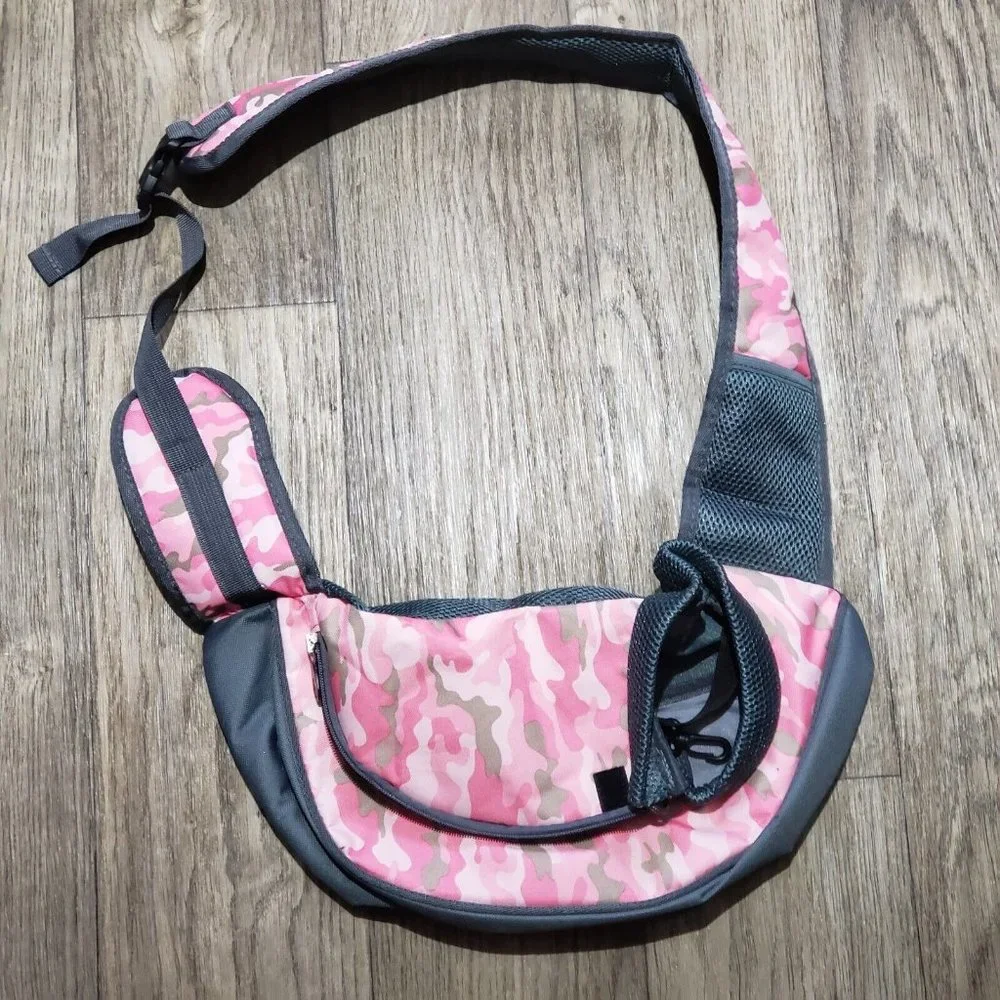 Pet Dog Carrier Backpack Chest Bag Puppy Sling Pouch Shoulder Mesh Pink Camo